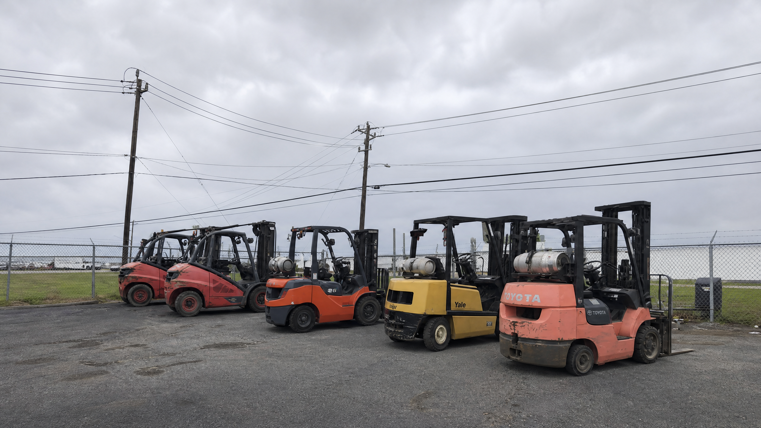 Row of used forklifts available for purchase review